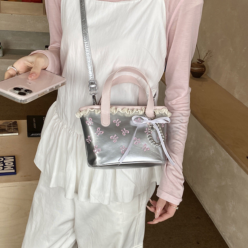Bowknot Embroidered PU Bucket Bag Lace Crossbody Bag Women
