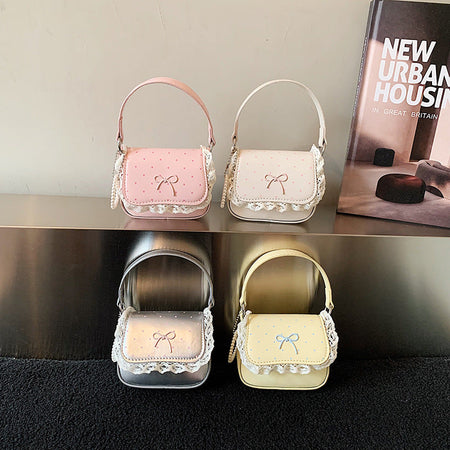 Yellow Children's Bowknot Polka Dot Girls PU Crossbody Bag Lace Handbag Lipstick