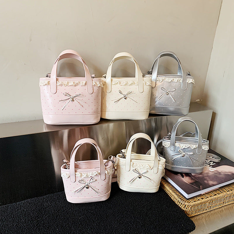 Pink Polka Dot Bowknot PU Crossbody Bag Girls Lace Handbag