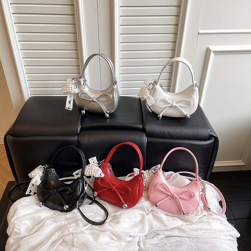 White Crescent PU Leather Bowknot Crossbody Bag Girls Armpit Bag Purse