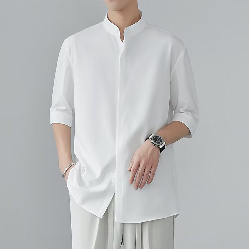 Men's Stand Collar Ice Silk Short Sleeve Shirt Summer Draped