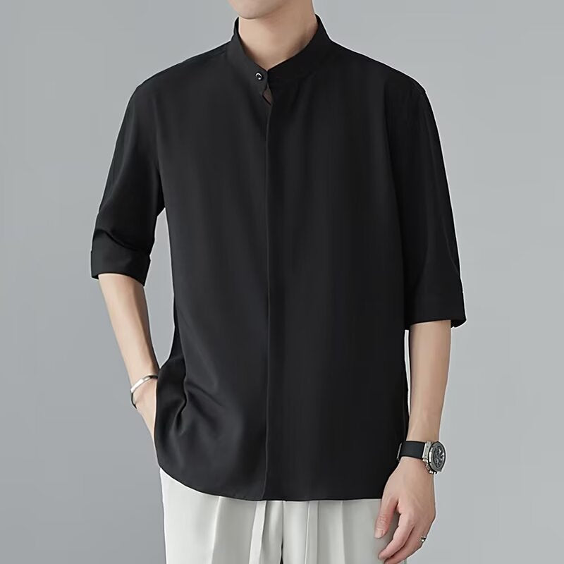 Men's Stand Collar Ice Silk Short Sleeve Shirt Summer Draped