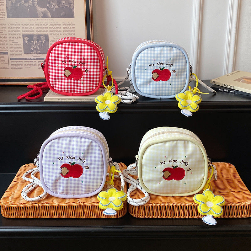 Yellow Apple Embroidered Plaid Nylon Crossbody Bag Kids Messenger Bag