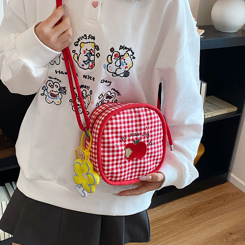 Apple Embroidered Plaid Nylon Crossbody Bag Kids Messenger Bag
