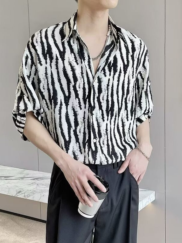 Men's Zebra Print Ice Silk Short Sleeve Shirt Summer Lightweight