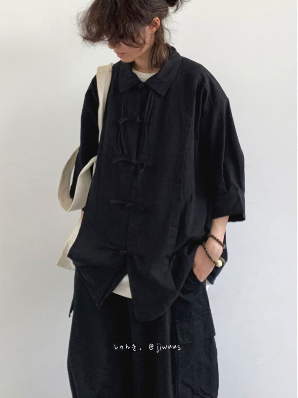 Men's Retro Stand Collar Buckle Short Sleeve Shirt Loose Summer