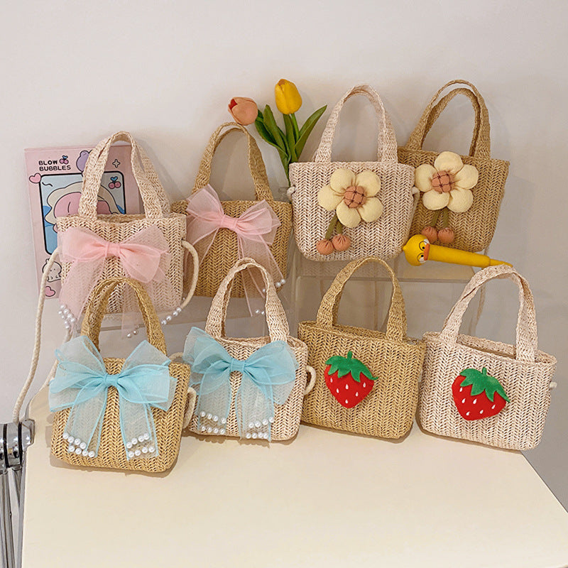 Off-White Cherry Straw Weave Crossbody Bag Girls Coin Purse Handbag