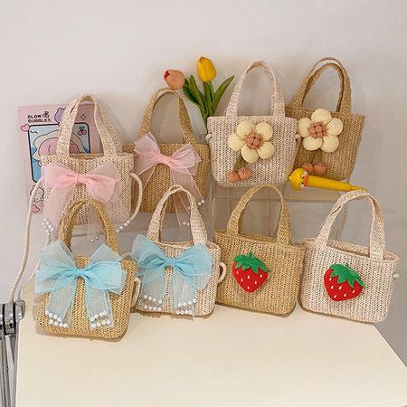Off-White Cherry Straw Weave Crossbody Bag Girls Coin Purse Handbag
