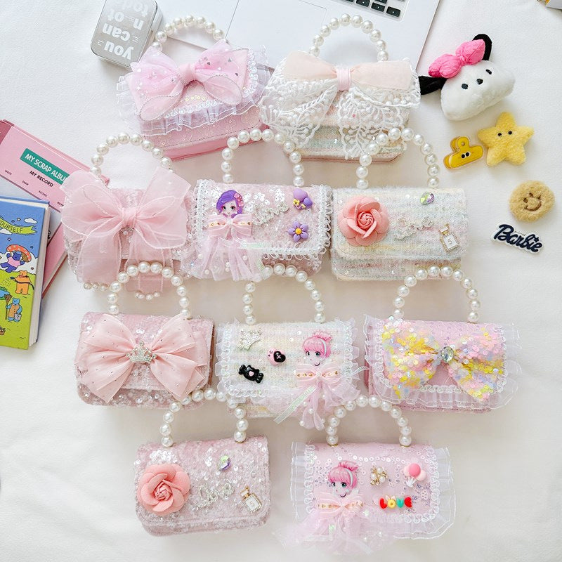 Pink Princess Sequin Bow Crossbody Bag Girls Pearl Lace Coin Bag