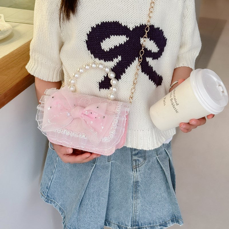 Princess Sequin Bow Crossbody Bag Girls Pearl Lace Coin Bag