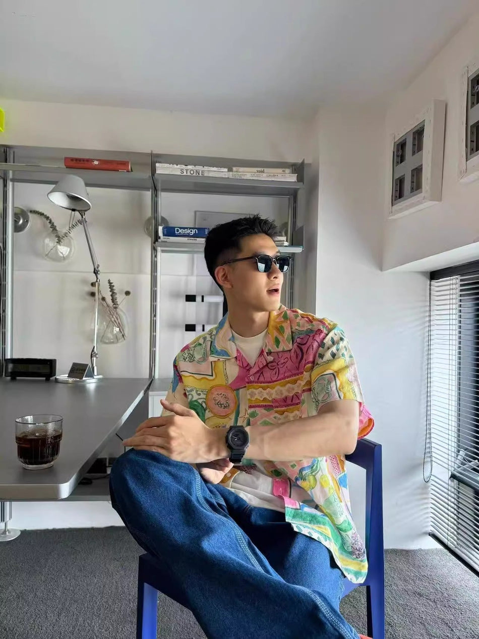 Vintage Art Print Ice Silk Shirt Unisex Loose Vacation Short
