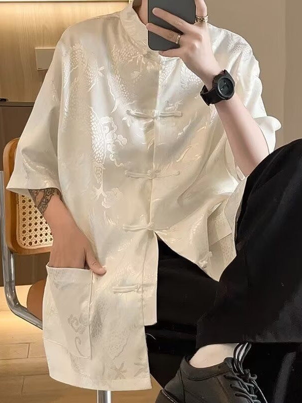 Men's White Draped Short Sleeve Shirt Dragon Pattern Casual