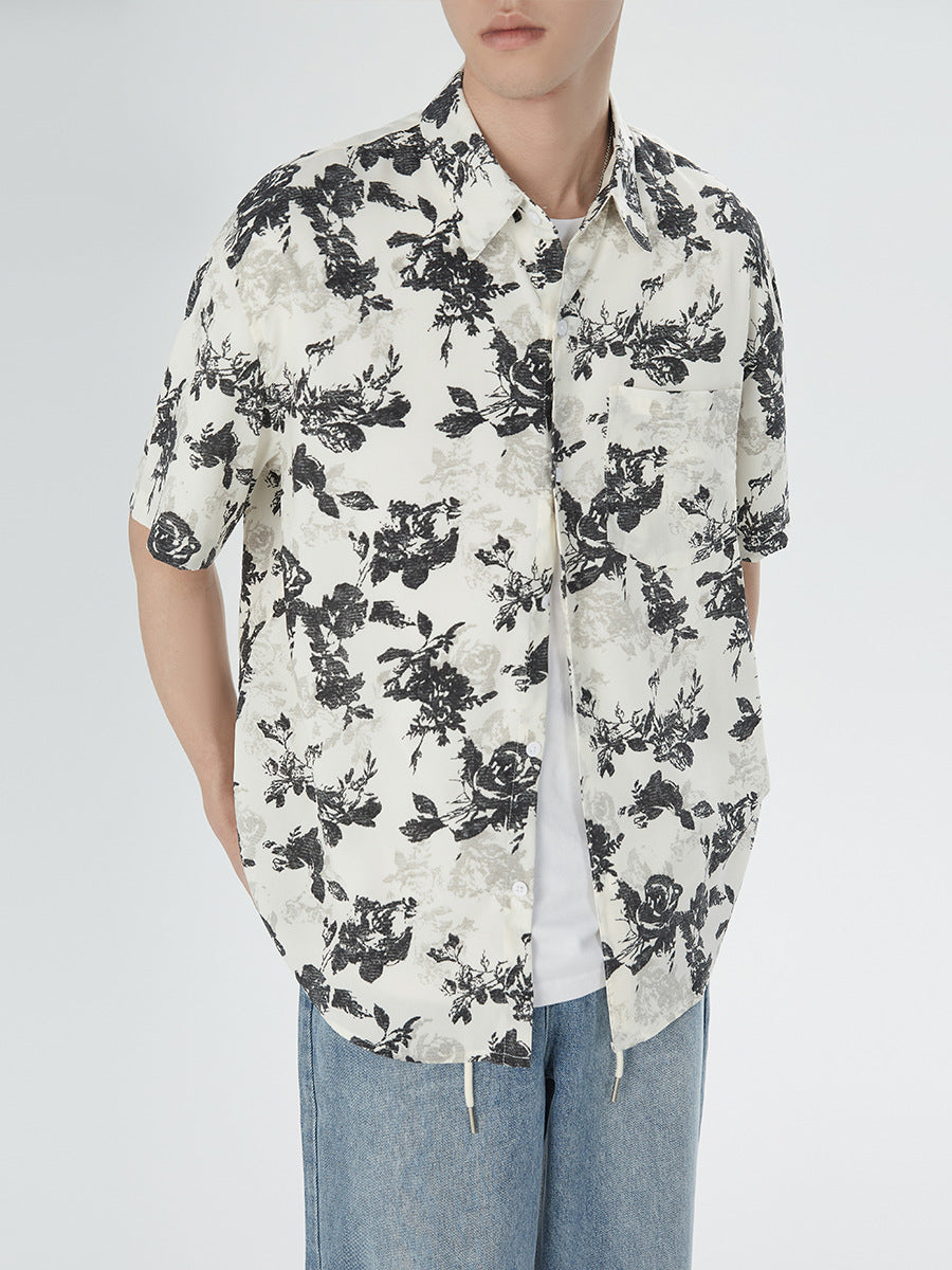 Men's Retro Rose Print Short Sleeve Shirt Loose Casual Floral