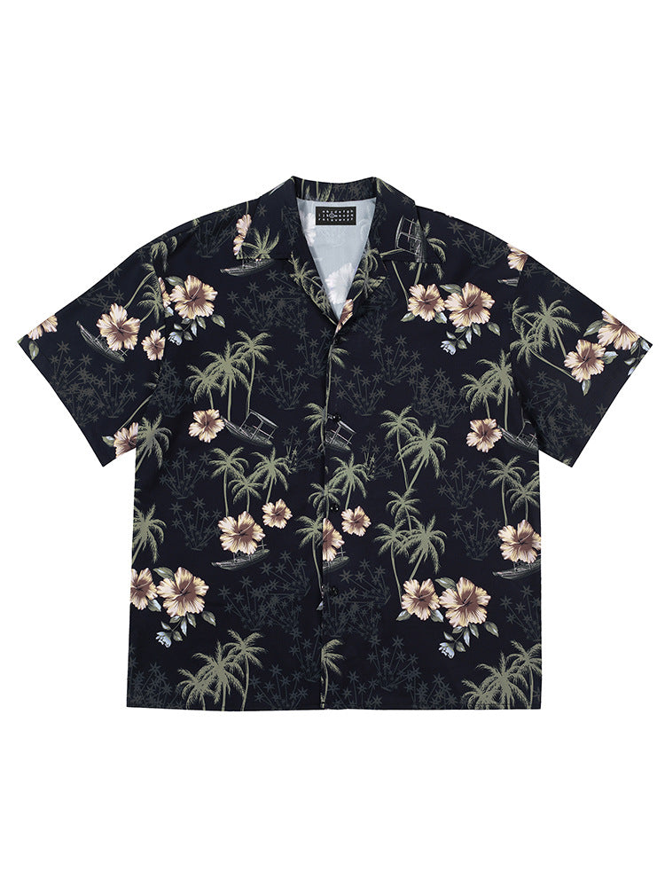 Coconut Tree Print Hawaiian Shirt Unisex Loose Beach Vacation