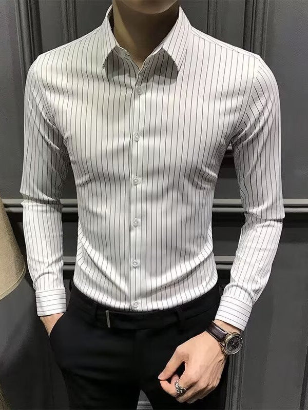 Men's Seamless Striped Long Sleeve Shirt Slim Fit No Iron Casual