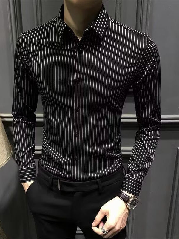 Men's Seamless Striped Long Sleeve Shirt Slim Fit No Iron Casual