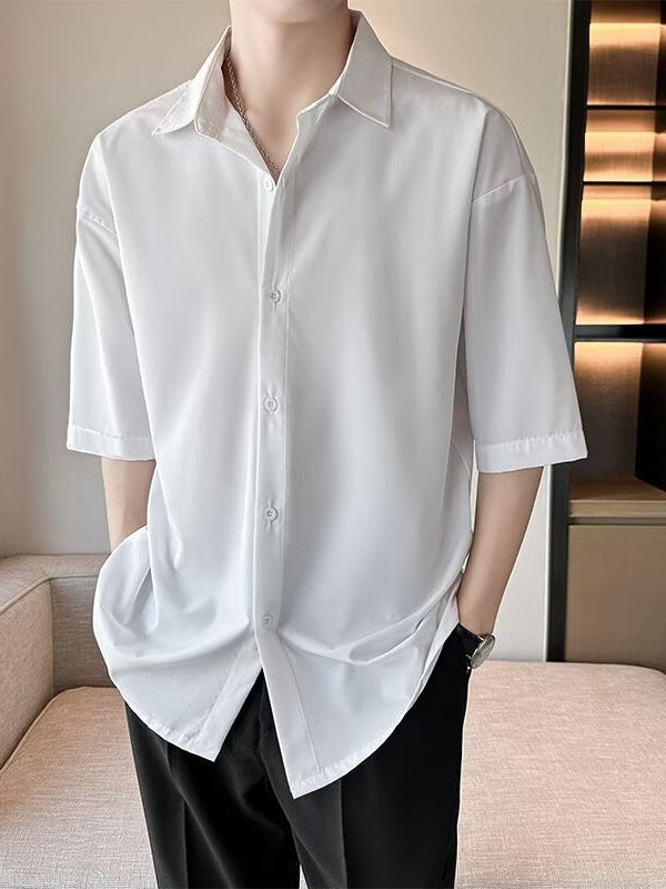 Ice Silk Short Sleeve Shirt Loose Fit Summer Casual Black Top