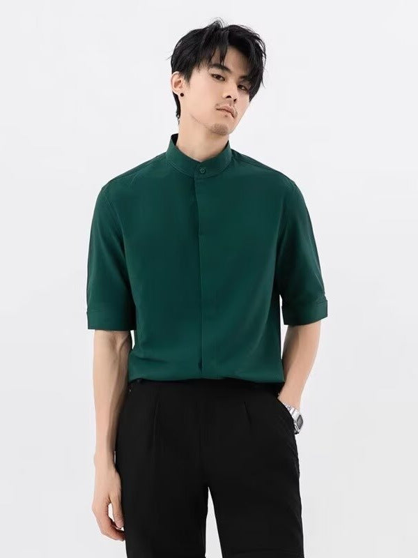Men's Stand Collar Short Sleeve Shirt Oxford Style Summer Casual