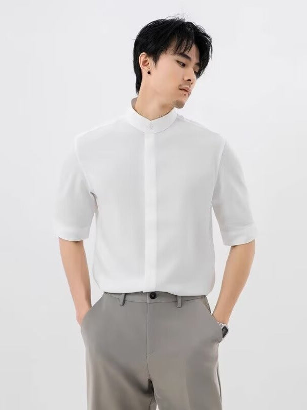 Men's Stand Collar Short Sleeve Shirt Oxford Style Summer Casual