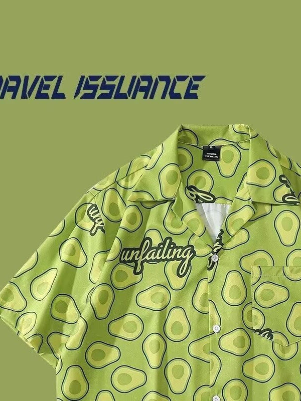 Men's Avocado Green Printed Hawaiian Shirt Loose Casual Short
