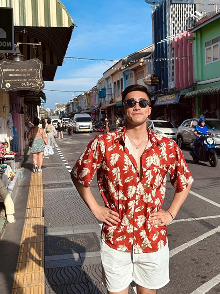 Men's Red Floral Ice Silk Short Sleeve Shirt Retro Vacation