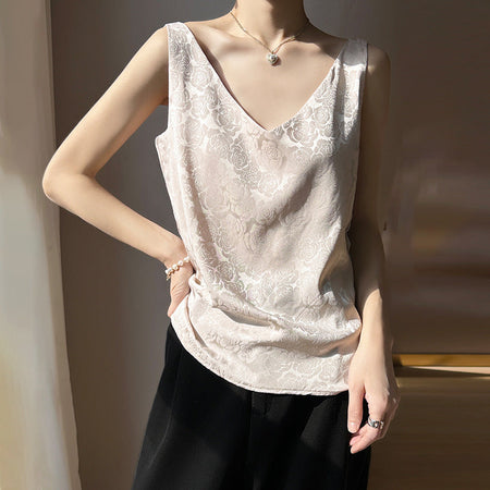 Jacquard Ice Silk V-Neck Loose Camisole Vest Women Long Commuter Layering Top