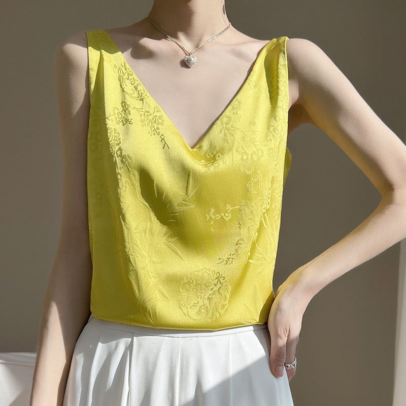 Jacquard Ice Silk V-Neck Loose Camisole Vest Women Long Commuter