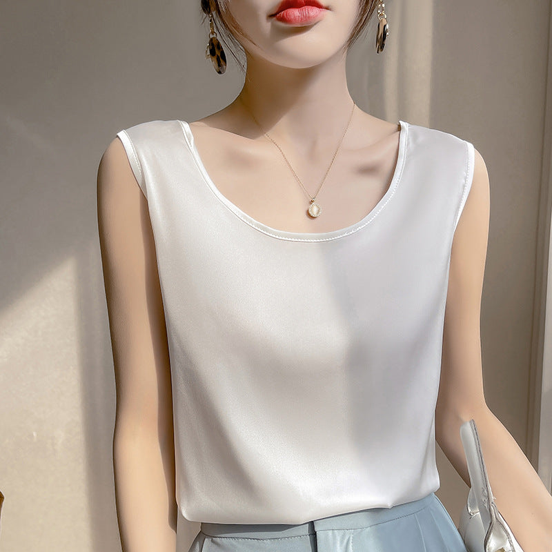 White Ice Silk Camisole Set Round Neck Loose Sleeveless Summer Top