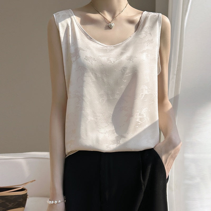 Round Neck Ice Silk Sleeveless Camisole Women Slim Fit Summer Versatile Inner Top Vest