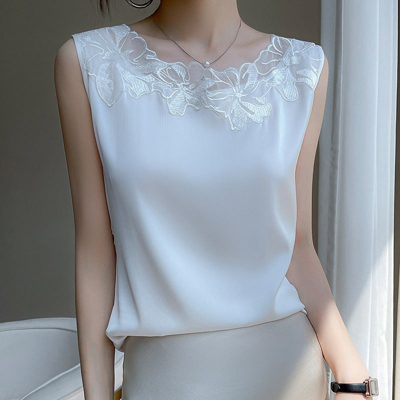 White Embroidered Ice Silk Slim Camisole Vest Women Long Layering Suit Inner Top
