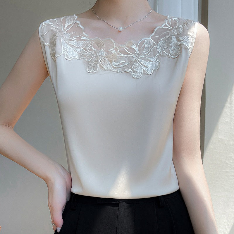 Embroidered Ice Silk Slim Camisole Vest Women Long Layering Suit
