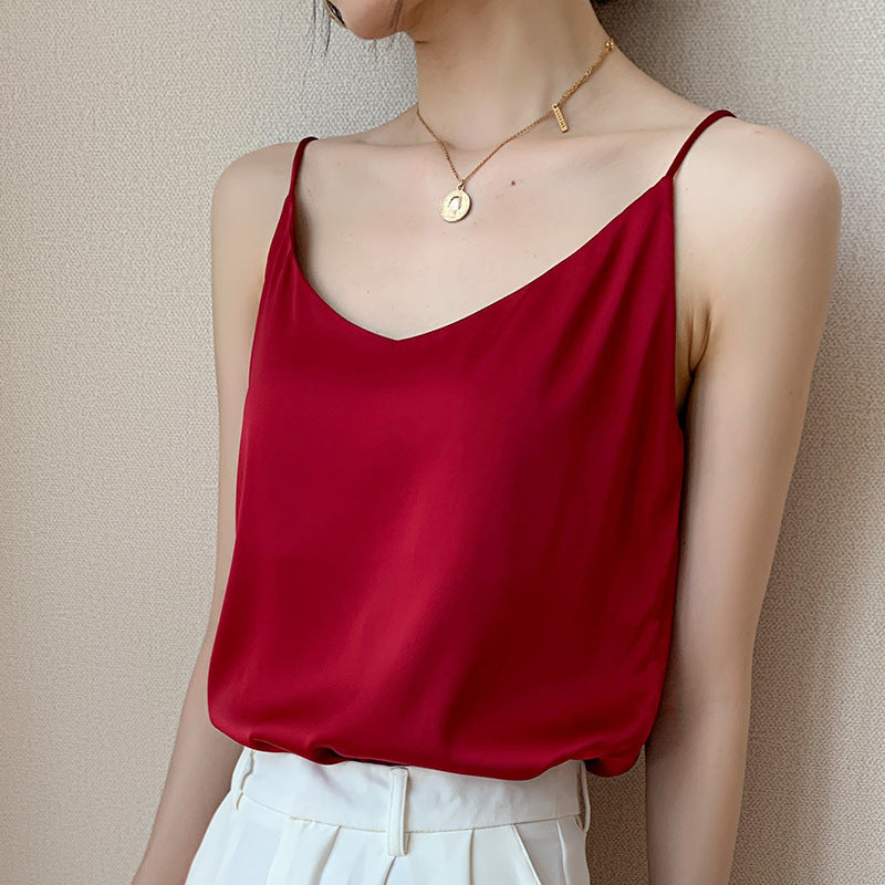 White Color-Contrast Ice Silk Sling Camisole Women Summer Sexy Loose Short Tube Top