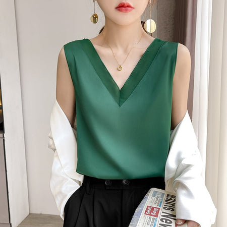 Black Mesh Splice Ice Silk Slim V-Neck Camisole Layering Top Women