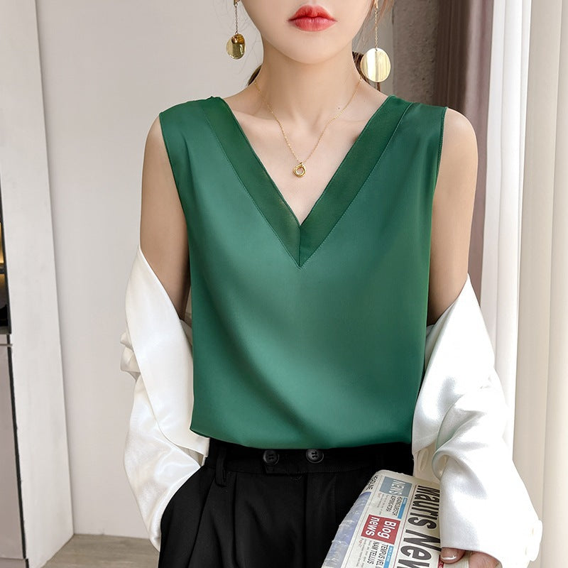 Black Mesh Splice Ice Silk Slim V-Neck Camisole Layering Top Women