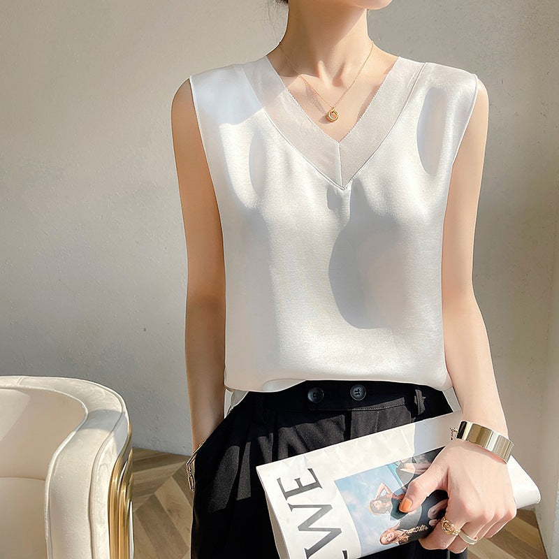 Mesh Splice Ice Silk Slim V-Neck Camisole Layering Top Women