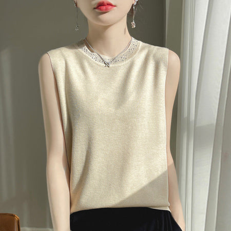 Beige Slim Fit Viscose Knit Sleeveless Base Vest Women Long Casual Layering Top