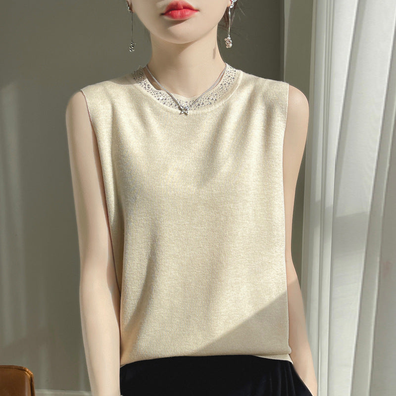 Beige Slim Fit Viscose Knit Sleeveless Base Vest Women Long Casual Layering Top