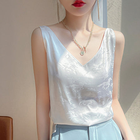 Pure White V-Neck Ice Silk Loose Camisole Top for Women Elegant Summer Wear