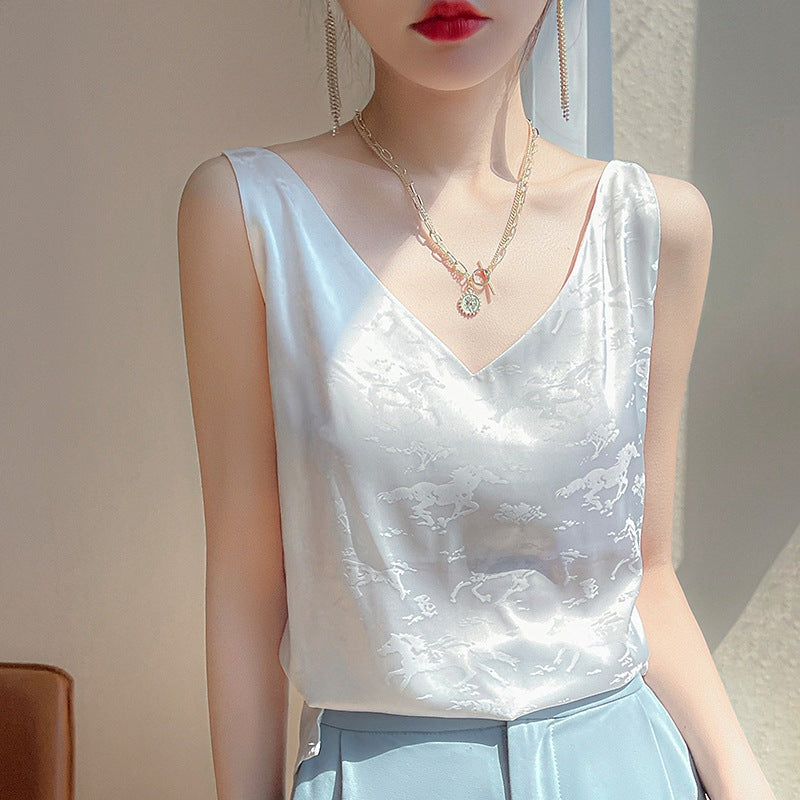 Pure White V-Neck Ice Silk Loose Camisole Top for Women Elegant Summer Wear