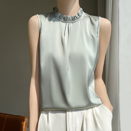 White Stand Collar Ice Silk Sleeveless Vest Women Slim Summer Commuter Base Top