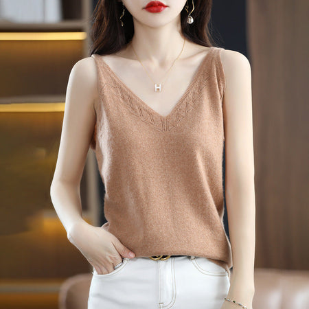 White V-Neck Hollow Knit Camisole Top Women Slim Fit Layering Vest