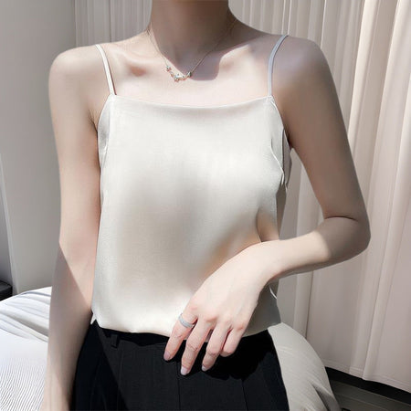 Champagne One Line Collar Ice Silk Slim Camisole Long Layering Top Women