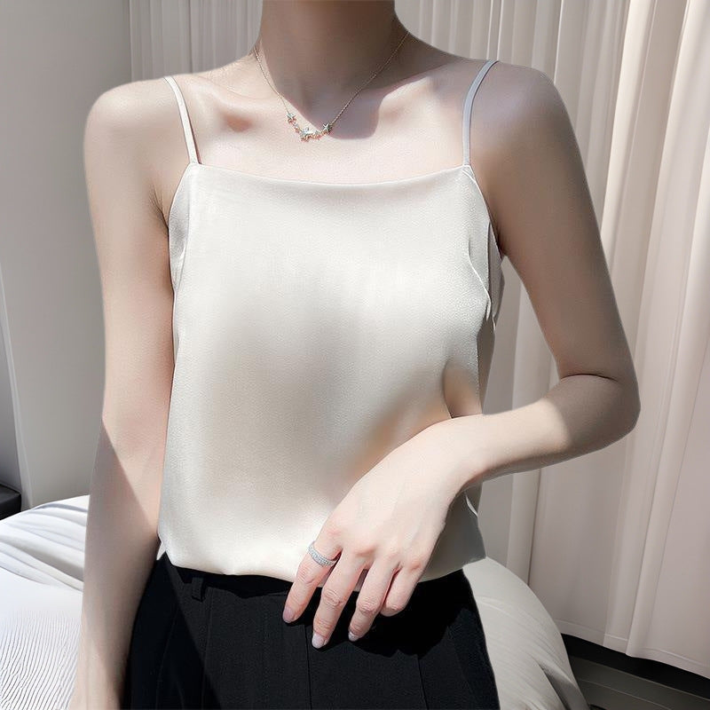 Champagne One Line Collar Ice Silk Slim Camisole Long Layering Top Women