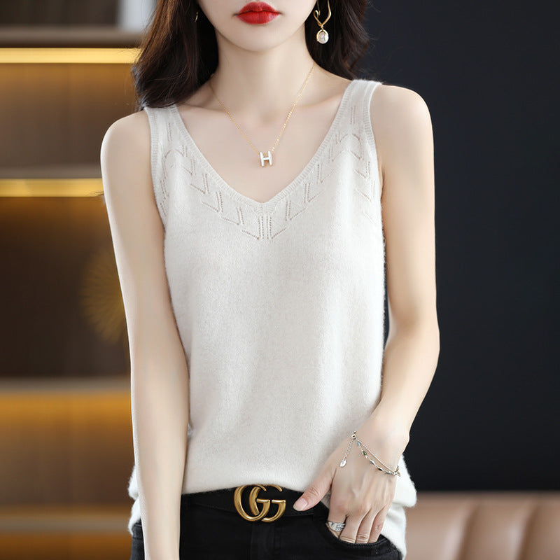 V-Neck Hollow Knit Camisole Top Women Slim Fit Layering Vest