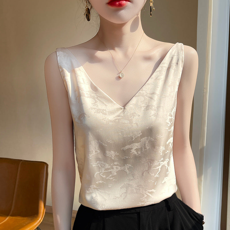 White Jacquard V-Neck Ice Silk Camisole Women Loose Elegant Summer Base Layer Top