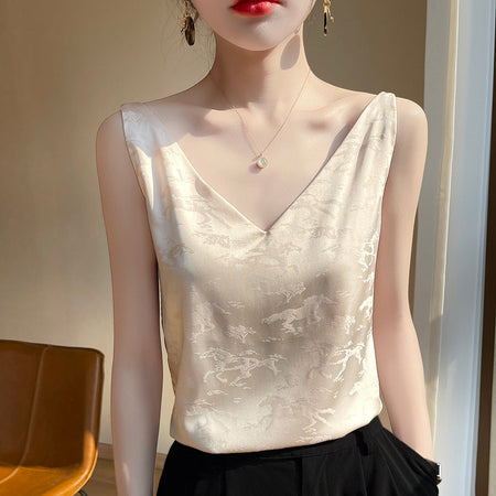 White Jacquard V-Neck Ice Silk Camisole Women Loose Elegant Summer Base Layer Top