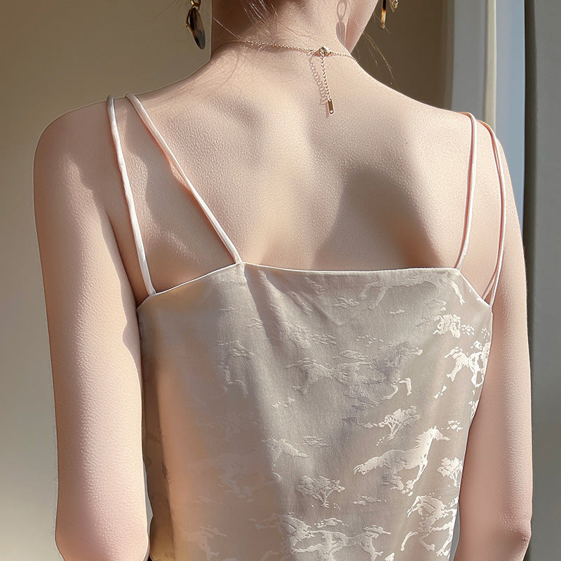 Jacquard V-Neck Ice Silk Camisole Women Loose Elegant Summer Base