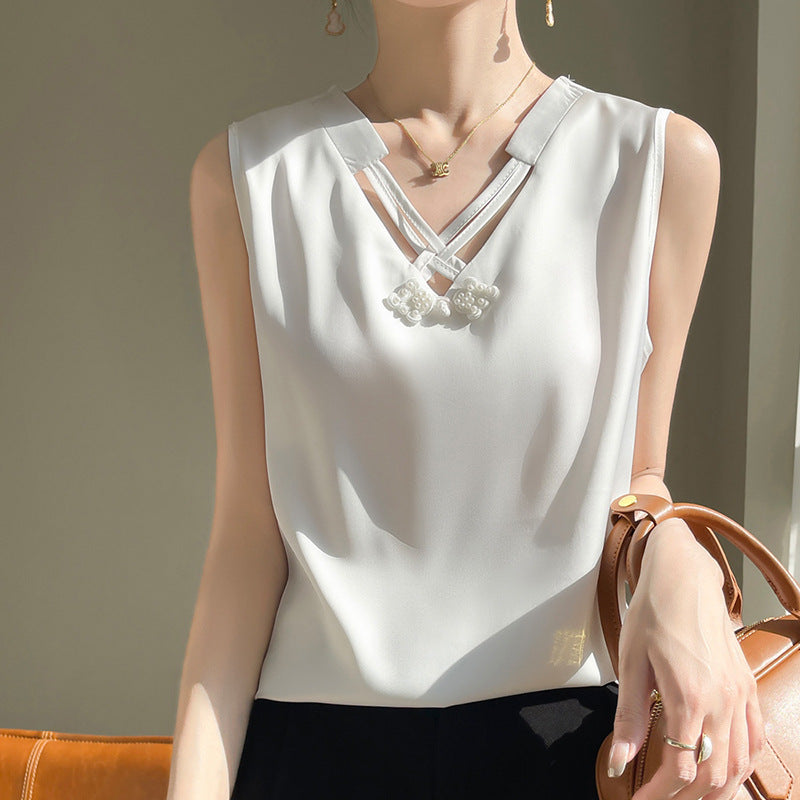 V-Neck Ice Silk Slim Sleeveless Vest Top for Women Summer Wear
