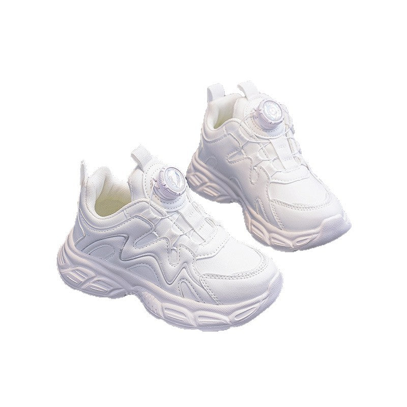 White Xiaomei & Xiaobao Premium Leather-Mesh Student Sneakers