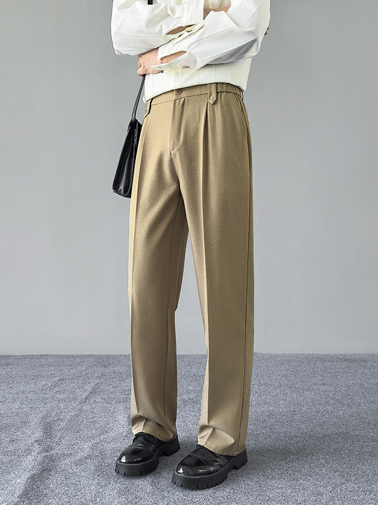 Black Men's Korean-Style Straight Wide-Leg Buckle Waistband Suit Pants